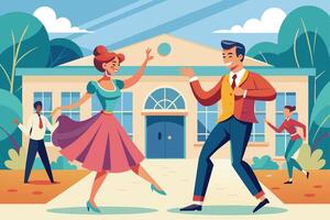 A happy couple dances in front of a building on a sunny day. A man in a red jacket and a woman in a pink skirt are smiling and having fun. vector