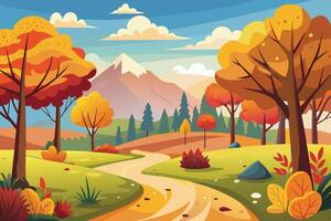 A cartoon illustration of an autumnal forest scene with a winding path leading through vibrant foliage towards a distant mountain range. vector