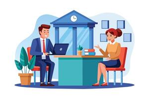 A man in a suit sits at a desk with a laptop and talks to a woman sitting opposite him. vector