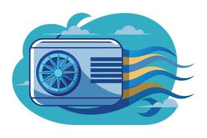 A cartoon illustration of an air conditioner unit with a spinning fan blowing cool air on a sunny day. vector