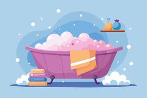 A cartoon illustration of a pink bathtub full of foamy bubbles and a towel hanging over the edge, set against a blue background. vector