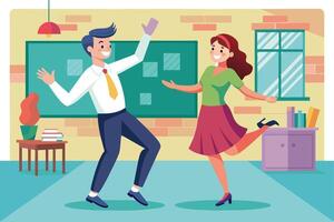 A man and woman are dancing in a classroom, smiling and enjoying themselves. vector