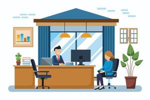 A cartoon image depicting a businessman and woman meeting in a modern office space, with a desk, computer, and plants. vector