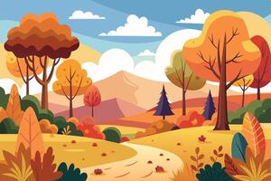 A picturesque digital illustration of an autumnal forest path with colorful trees and a winding trail. vector