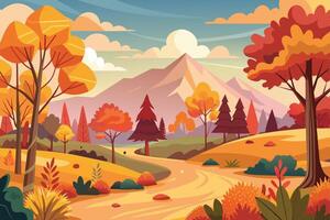 A digital illustration depicts a scenic path winding through a lush forest with vibrant autumn foliage and a majestic mountain in the background. vector