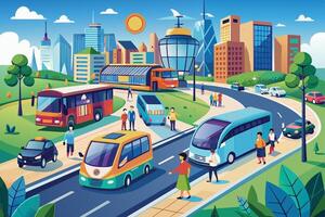 An illustration depicting a city scene with various forms of public transportation including buses, vans, and cars, and people walking on the sidewalk. vector