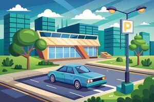 A cartoon illustration of a blue car turning right in a parking lot with a sign indicating the area is for parking. vector