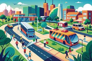 A colorful illustration depicting a busy city street with people walking and buses at a bus stop. The scene is set against a backdrop of tall buildings and green trees. vector