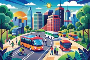 An illustration of a busy city street with a variety of buses, people walking and biking, and tall buildings in the background. The sun shines brightly in the sky. vector