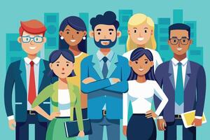 A diverse group of business professionals, including men and women, stand together in front of a cityscape. They all wear business attire and smile confidently at the viewer. vector