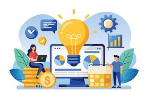 Digital illustration of two business professionals collaborating on a project. One is on a gold coin stack, the other near a calendar, both using a computer with a lightbulb icon. vector