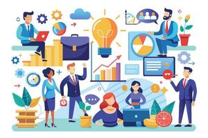An illustration depicting a team of diverse business professionals collaborating on a successful project, showcasing their teamwork, communication, and innovative ideas. vector