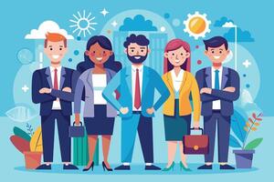 A group of diverse business professionals stand together in a modern office setting. They are all dressed in business attire and appear to be confident and successful. vector