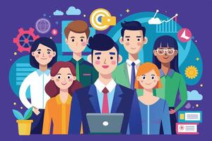 Six professionals - men and women - working together on a laptop, smiling and collaborating on a project. Set against a colorful background with symbols of success, teamwork, and progress. vector