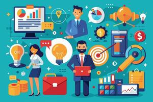 An illustration of business professionals working together on a new marketing strategy, utilizing data analytics, creative ideas, and technology. vector