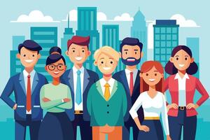 A group of smiling business professionals, representing diverse genders and ethnicities, stand confidently in front of a city skyline. vector