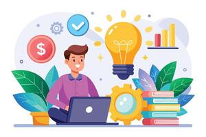 A man works on a laptop on the floor, symbols of success overhead. He is focused on his project, envisioning growth and new ideas. vector