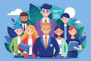 A group of eight smiling business professionals stand in front of lush green leaves. The people are all dressed professionally and appear to be happy and confident. vector