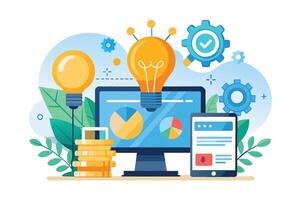 A digital marketing strategy with a desktop computer, tablet, charts, graphs, light bulbs representing ideas, and coins symbolizing success. vector