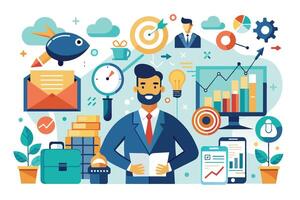 An illustration of a businessman reviewing data and analytics on a computer screen and a tablet, surrounded by icons depicting growth, success, and business. vector