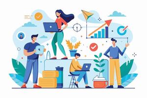 An illustration of four people working together with technology to achieve business growth, representing teamwork, innovation, and modern business. vector
