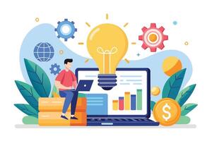 An illustration depicting a man working on a laptop with a lightbulb and data chart, representing business growth and innovation. vector
