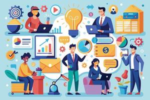 Colorful illustration of diverse professionals collaborating on business strategy, surrounded by symbols of ideas, data, and financial success. vector