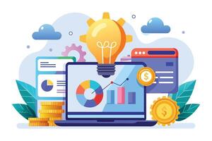 An illustration depicting a laptop screen displaying charts and graphs, a lightbulb representing ideas, and coins representing financial success. vector