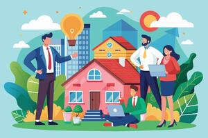 A group of professionals stand outside a suburban home, discussing real estate investment opportunities. A lightbulb above their heads represents a new idea. vector