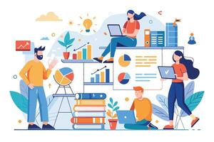 A colorful illustration depicting a diverse group of people working together in an office setting. vector