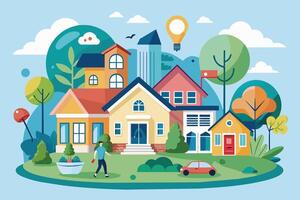 An illustration of a diverse and colorful suburban neighborhood with houses, trees, and a man walking on the sidewalk. A red car is parked in the driveway. vector