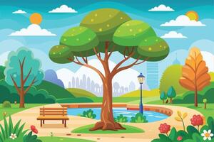 A cartoon illustration depicting a city park with a large tree, a pond, a bench, and a lamp post. The sun is shining, and the park is filled with vibrant colors. vector