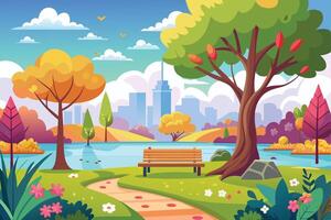 A cartoon illustration of a colorful autumn park setting, featuring a bench, a winding path, a lake, trees, and a city skyline in the background. vector