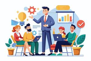 A business team gathers for a meeting, with one presenter standing and sharing ideas and data with colleagues. vector