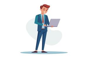 A cartoon illustration of a smiling businessman using a laptop computer. He is standing on a white background. vector