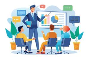 An image of a businessman presenting to a team, showcasing data using a chart and graph. vector