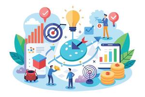 A colorful illustration depicting a digital marketing strategy with business goals, data analysis, and a focus on achieving success. vector