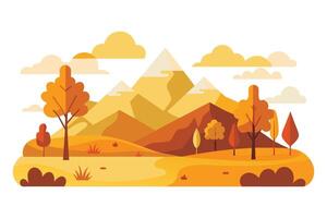 A vibrant illustration of an autumn landscape with a mountain range, trees, and clouds. vector