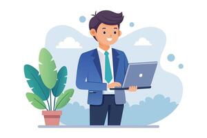 A cartoon image of a businessman in a blue suit working on a laptop computer, standing outside with a potted plant behind him. vector