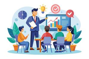 A businessman stands in front of a team of four people, presenting a chart depicting growth and success. vector