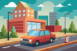 A cartoon image depicts a red car driving on a city street with buildings and trees in the background. vector