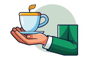 An illustration of a hand holding a cup of tea with a saucer and steam. The hand is wearing a green sleeve. vector
