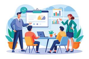 A group of business professionals are gathered around a table in a meeting. They are reviewing data and charts on a whiteboard, discussing their findings. vector