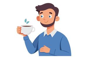 A cartoon illustration of a man with a beard, smiling, holding a white cup of coffee in his right hand. He is wearing a blue sweater. vector