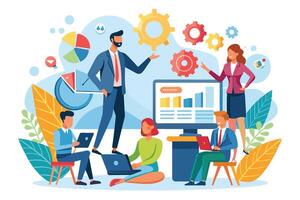 A group of diverse individuals working together on a project, analyzing data on a computer screen and using gears to represent workflow and progress. vector