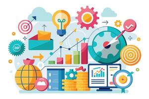 A colorful illustration depicting various aspects of a digital marketing strategy, including data analysis, growth metrics, and target audience engagement. vector