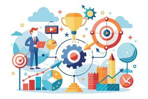 An illustration depicting a businessman working on a digital marketing strategy with goals, data, and a gear representing processes. vector