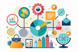 A vibrant illustration depicting various business and marketing concepts, including charts, graphs, goals, and data analysis. vector