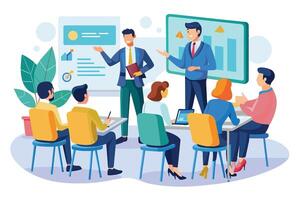 An illustration of a business meeting where two men present data and charts to a group of colleagues, showing a clear and professional communication style. vector