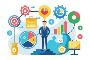 A businessman confidently stands on stairs surrounded by business goals and charts. Success surrounds him with targets, pie charts, graphs, and gears. vector